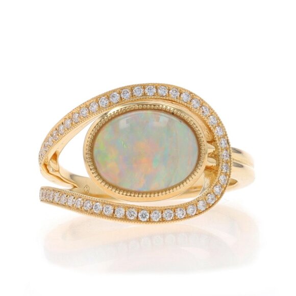 Jewelry - Yellow Gold Opal Diamond Loop Ring - 14k Oval Cabochon 2.09ctw Milgrain